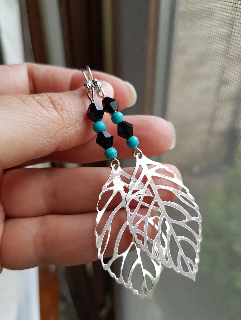 Swarovski Elements Black Crystals & Genuine Turquoise Silver Leaf Earrings NEW - Picture 5 of 5